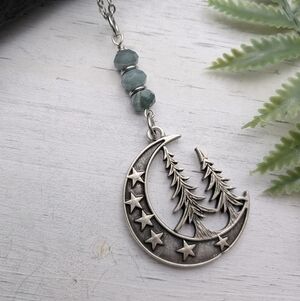 Silver Toned Crescent Moon & Pine Tree Pendant Necklace with Green Jade Beads